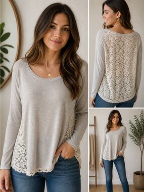 Light Gray Lace-Trim Long Sleeve Top - Women's